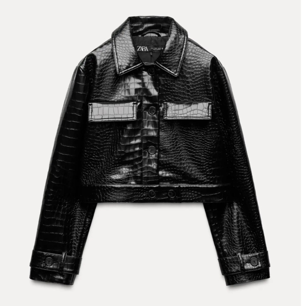 Brand New with Tags! Zara Croc-Embossed Black Faux Leather Jacket, Size M